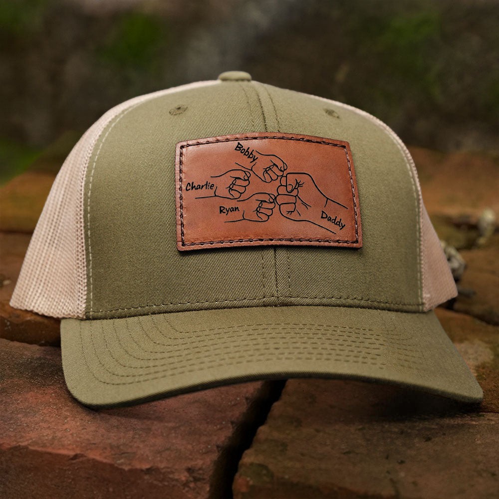 Personalized DAD Hat with Kids Names Leather Patch Trucker Hat Father's Day Gift