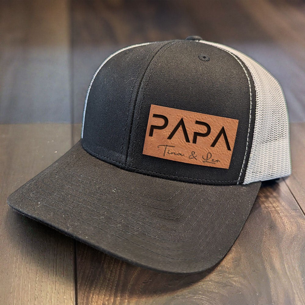 Personalized PAPA Hat with Kids Names Leather Patch Trucker Hat Father's Day Gift