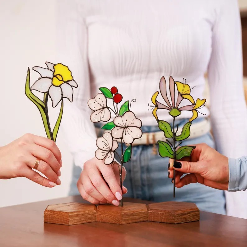 Stained Glass Flowers with Stake Mother Day Gift Spring Decoration