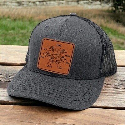 Personalized DAD Hat with Kids Names Leather Patch Trucker Hat Father's Day Gift