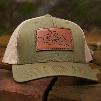 Personalized DAD Hat with Kids Names Leather Patch Trucker Hat Father's Day Gift