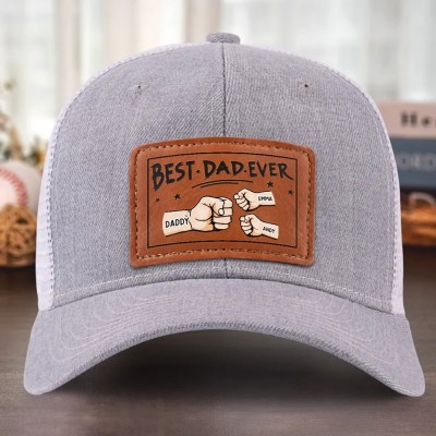Personalized Dad Hat with Kids Names Leather Patch Trucker Hat Father's Day Gift