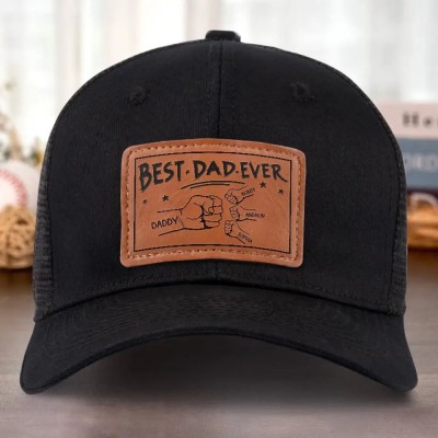 Personalized Dad Hat with Kids Names Leather Patch Trucker Hat Father's Day Gift