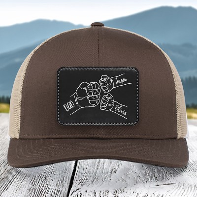 Personalized Dad Hat with Kids Names Leather Patch Trucker Hat Father's Day Gift