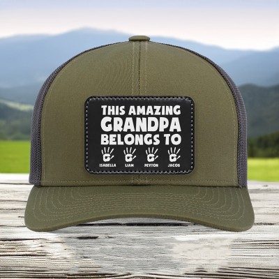 Personalized Dad Hat with Kids Names Leather Patch Trucker Hat Father's Day Gift