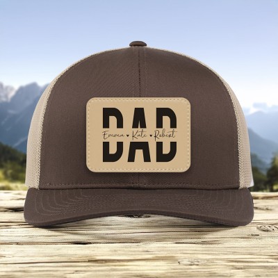 Personalized Dad Hat with Kids Names Leather Patch Trucker Hat Father's Day Gift