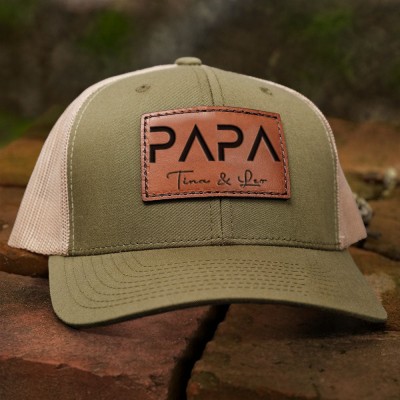 Personalized PAPA Hat with Kids Names Leather Patch Trucker Hat Father's Day Gift