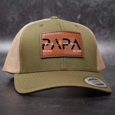 Personalized PAPA Hat with Kids Names Leather Patch Trucker Hat Father's Day Gift