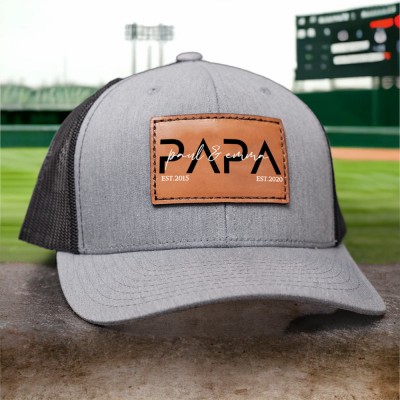 Personalized PAPA Hat with Kids Names Leather Patch Trucker Hat Father's Day Gift