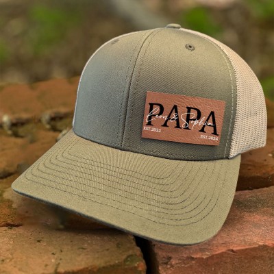 Personalized PAPA Hat with Kids Names Leather Patch Trucker Hat Father's Day Gift