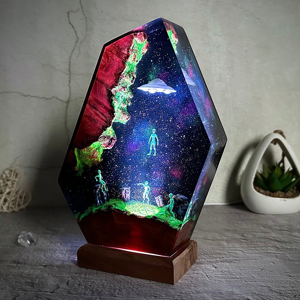 Veilleuse en résine et bois Space Galaxy Lampe époxy interstellaire