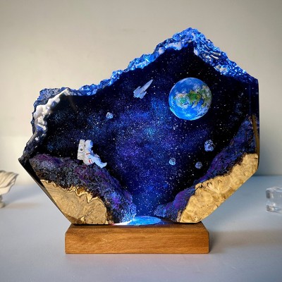Veilleuse en résine et bois Space Galaxy Lampe époxy interstellaire