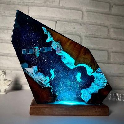 Veilleuse en résine et bois Space Galaxy Lampe époxy interstellaire