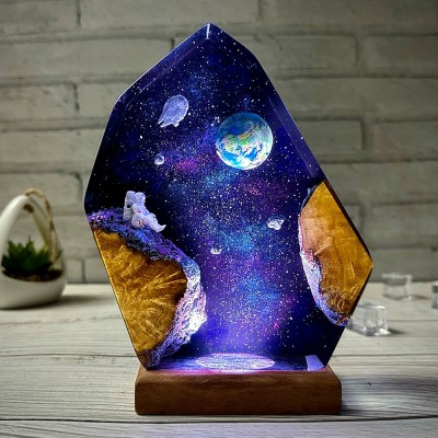 Veilleuse en résine et bois Space Galaxy Lampe époxy interstellaire