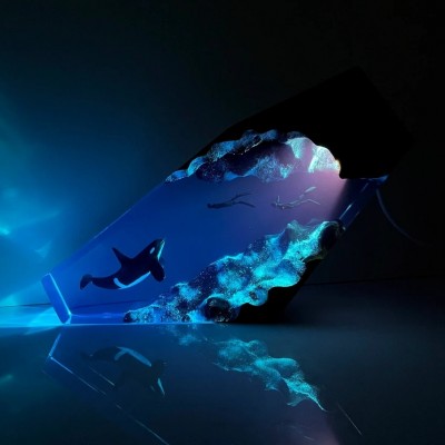 Veilleuse en résine Orca et plongeur en tandem Lampe en bois de résine Miniature bleu océan