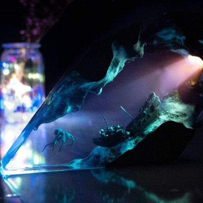 Octopus Shipwreck Night Light Résine Night Light Bleu Océan Miniature