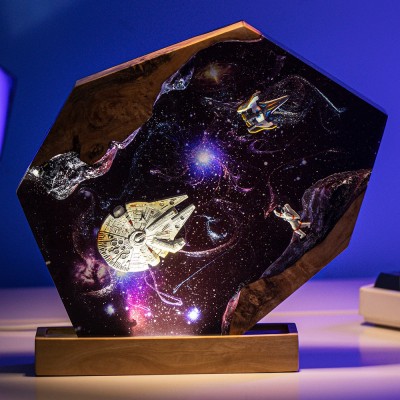 Veilleuse en résine et bois Space Galaxy Lampe époxy interstellaire