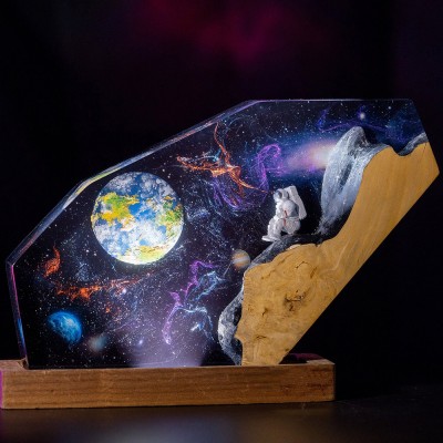 Veilleuse en résine et bois Space Galaxy Lampe époxy interstellaire
