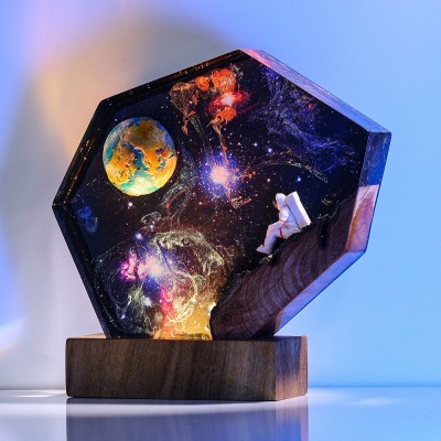 Veilleuse en résine et bois Space Galaxy Lampe époxy interstellaire