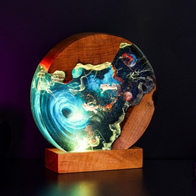 Veilleuse en résine et bois Space Galaxy Lampe époxy interstellaire
