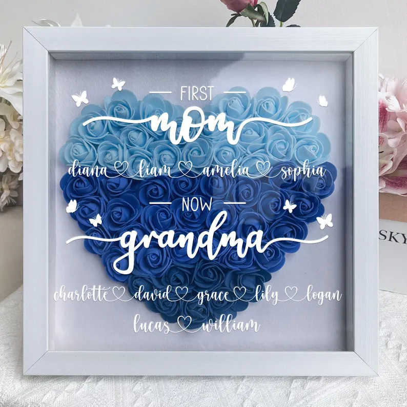Personalized Mom Flower Shadow Box With Kids Name For Mother's Day